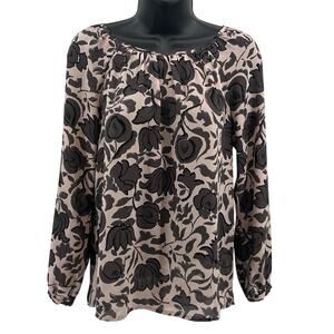 Loft Blouse WMNS XSP Floral Blush Pink Brown Long Sleeve Lightweight Round Neck
